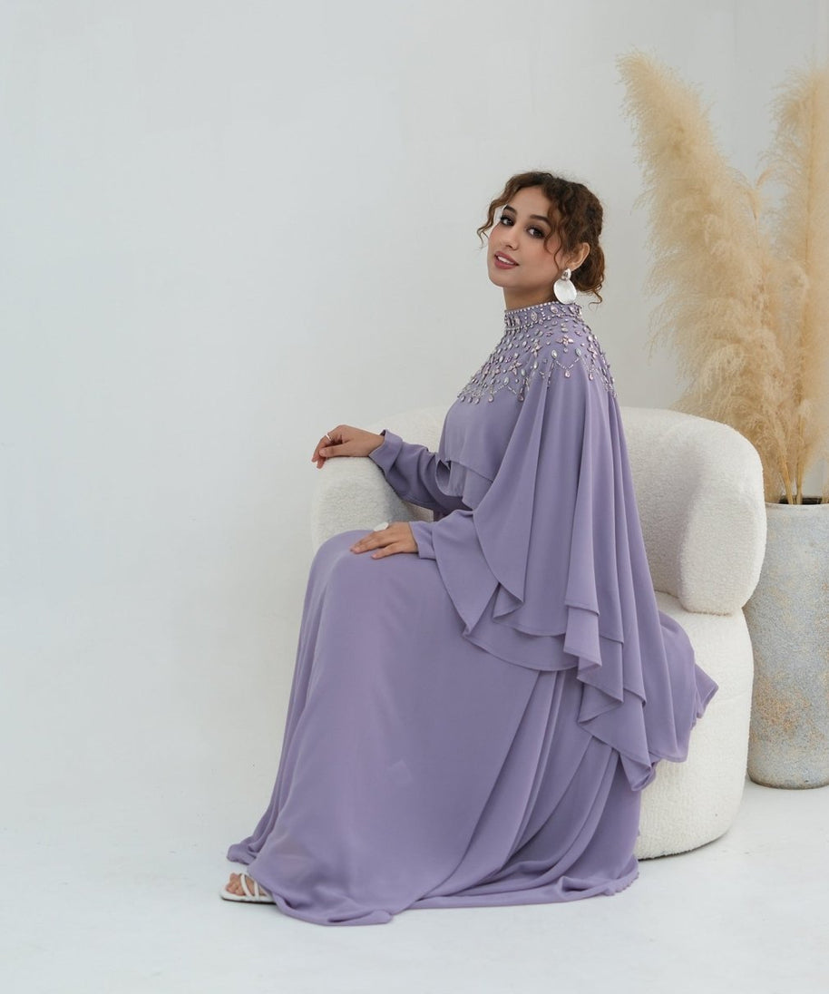 Crystal Embellished Cape Sleeve Chiffon Maxi Dress Set(MS461)