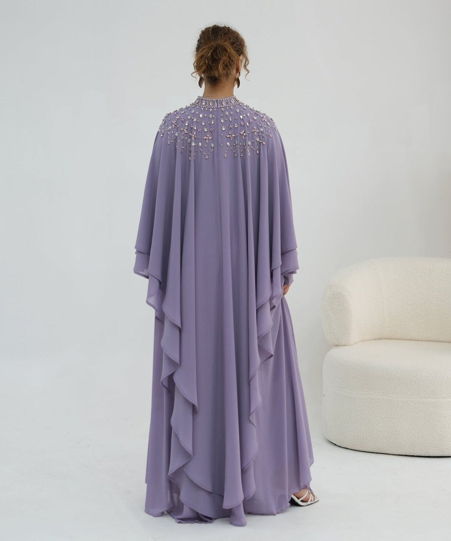 Crystal Embellished Cape Sleeve Chiffon Maxi Dress Set(MS461)