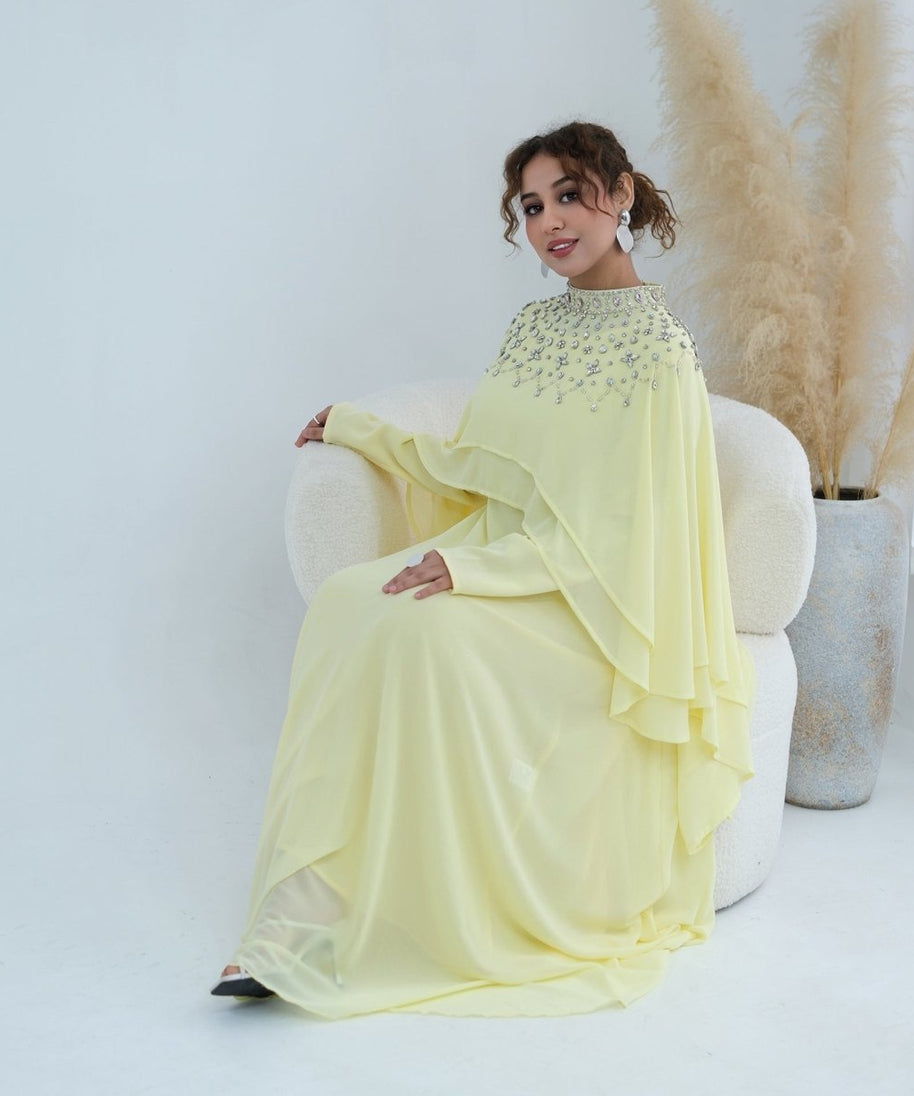 Crystal Embellished Cape Sleeve Chiffon Maxi Dress Set(MS461)