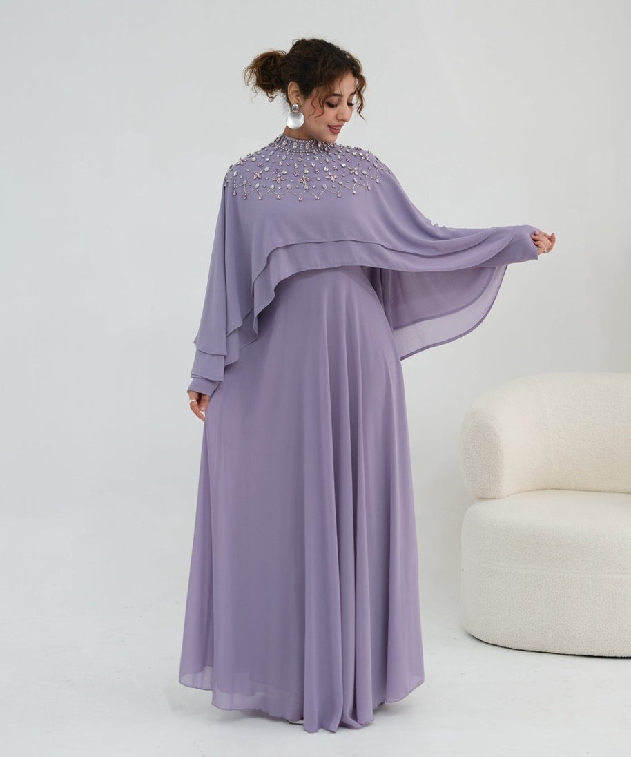 Crystal Embellished Cape Sleeve Chiffon Maxi Dress Set(MS461)