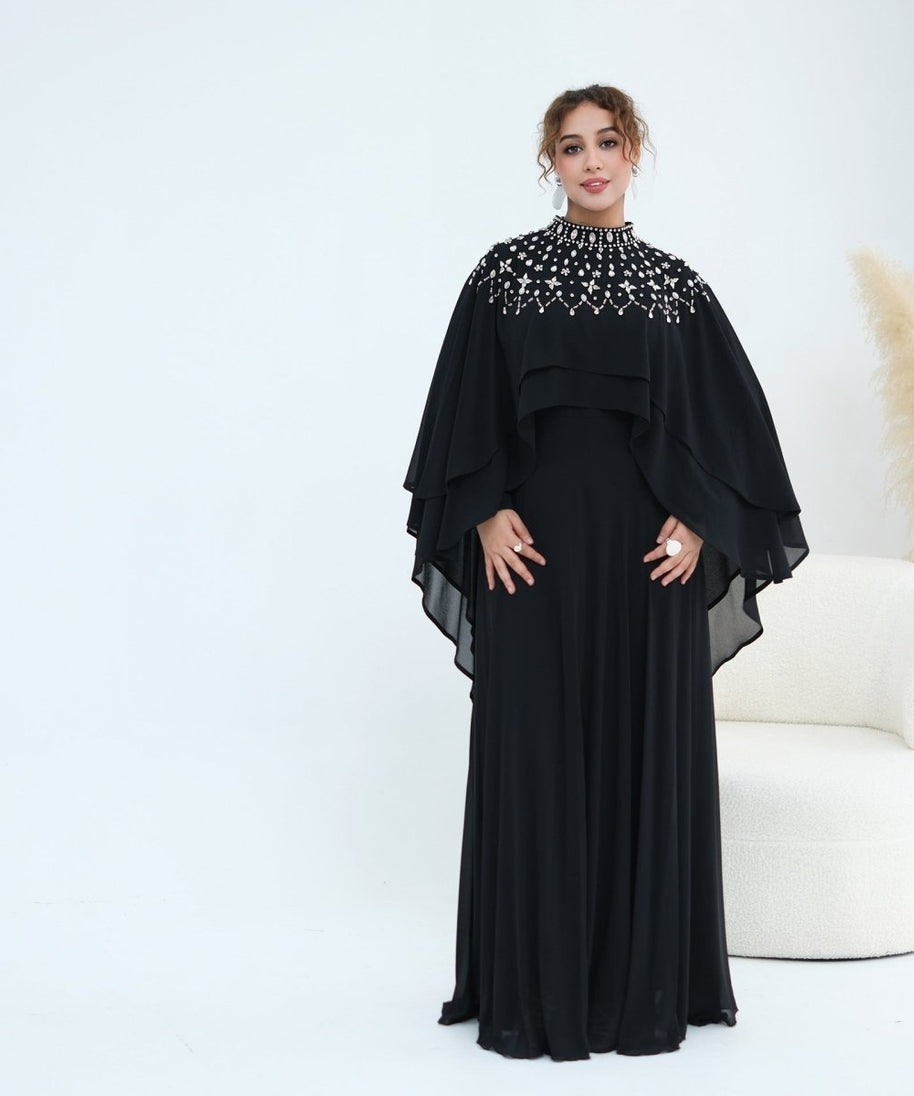 Crystal Embellished Cape Sleeve Chiffon Maxi Dress Set(MS461)