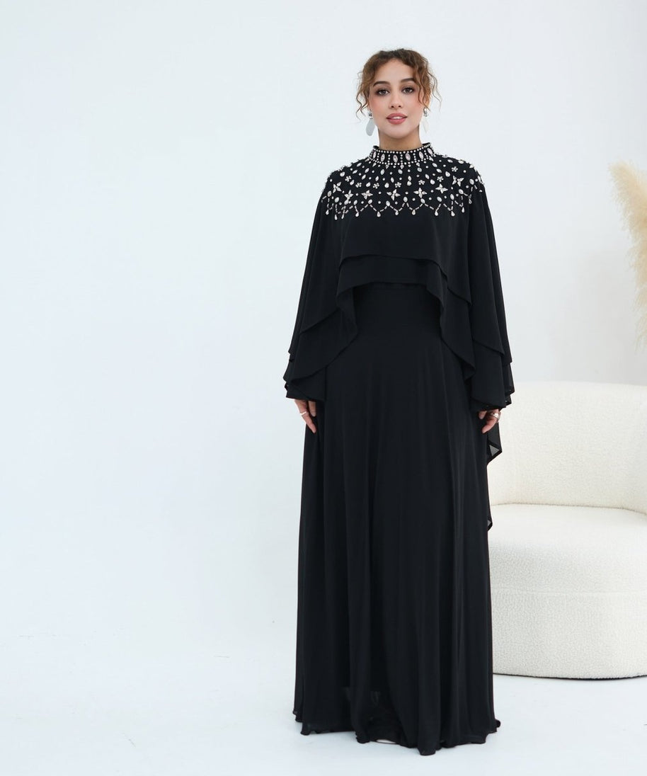 Crystal Embellished Cape Sleeve Chiffon Maxi Dress Set(MS461)