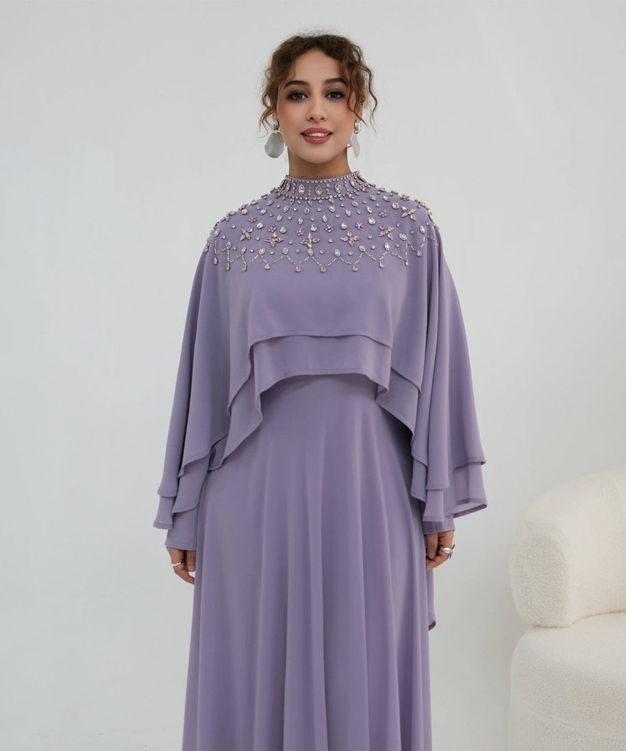 Crystal Embellished Cape Sleeve Chiffon Maxi Dress Set(MS461)