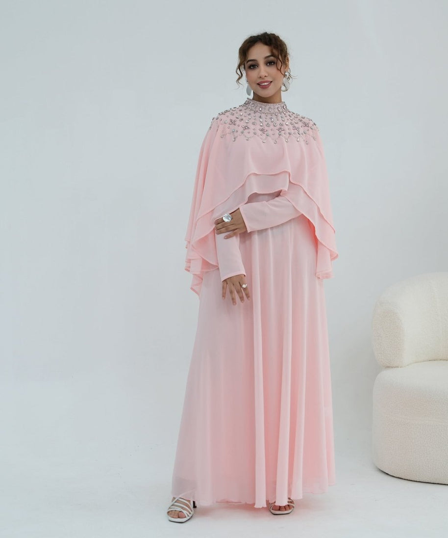 Crystal Embellished Cape Sleeve Chiffon Maxi Dress Set(MS461)