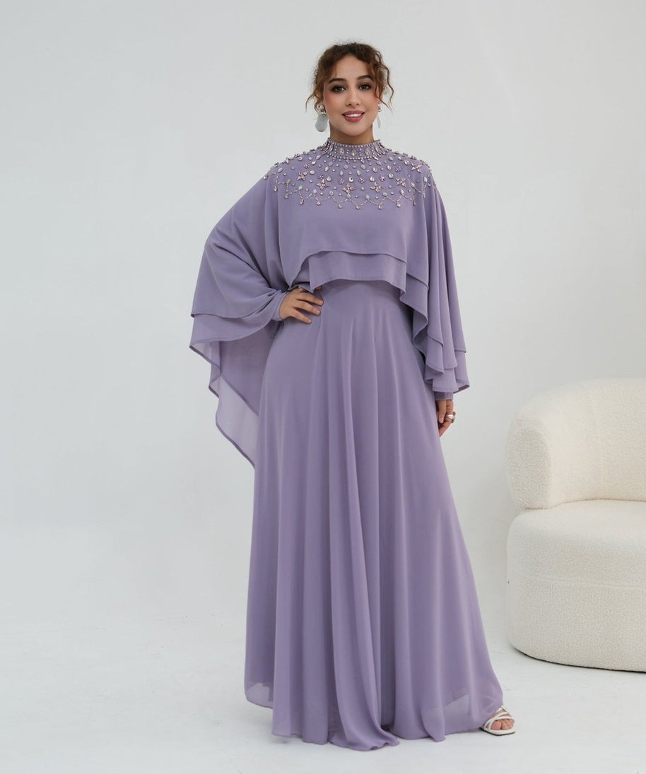 Crystal Embellished Cape Sleeve Chiffon Maxi Dress Set(MS461)
