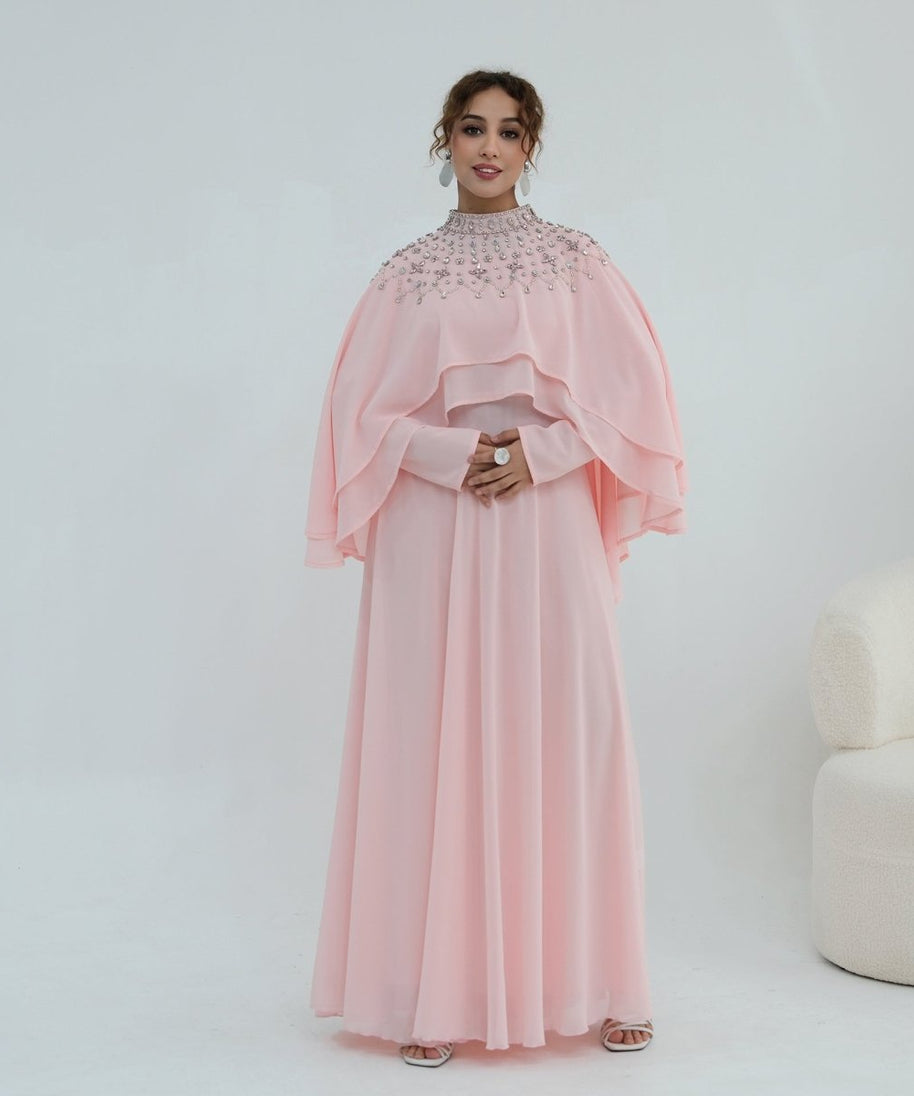 Crystal Embellished Cape Sleeve Chiffon Maxi Dress Set(MS461)