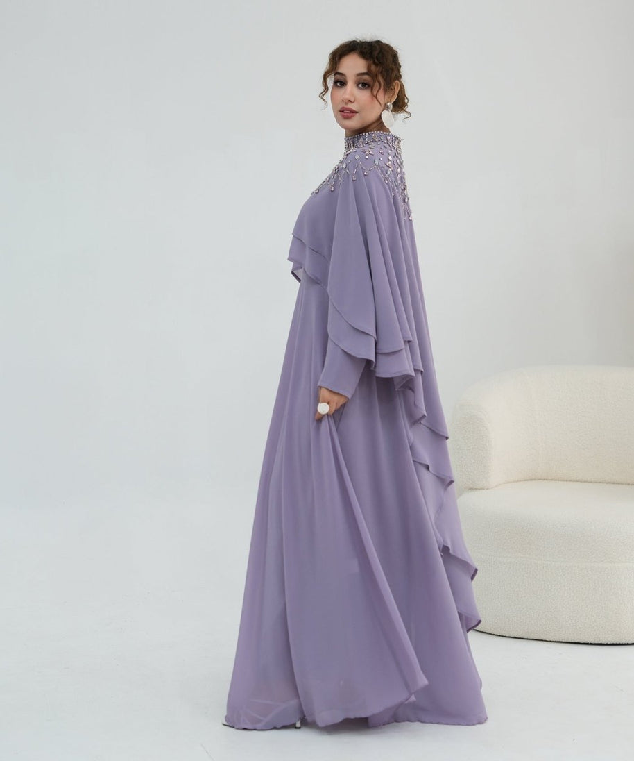 Crystal Embellished Cape Sleeve Chiffon Maxi Dress Set(MS461)