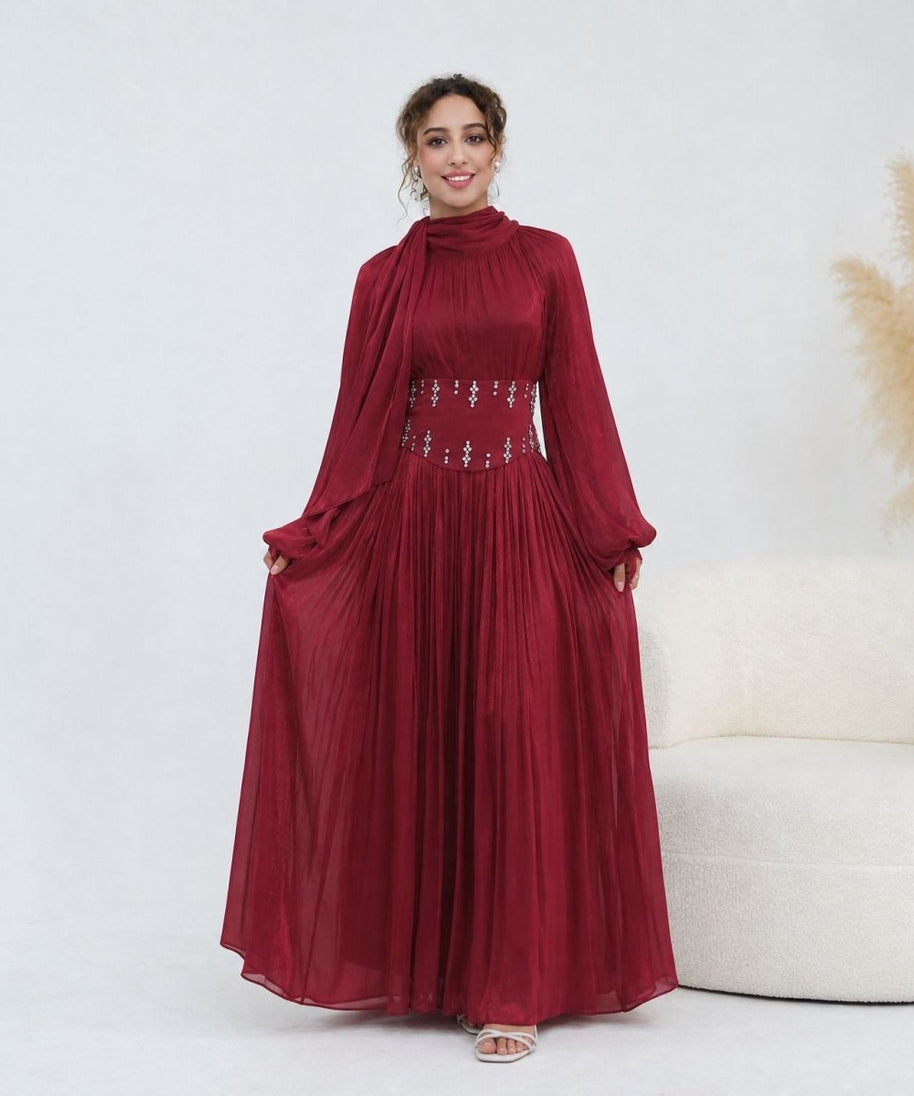 Crystal-Embellished Wide Belt Puff-Sleeve Maxi Dress(MS477)