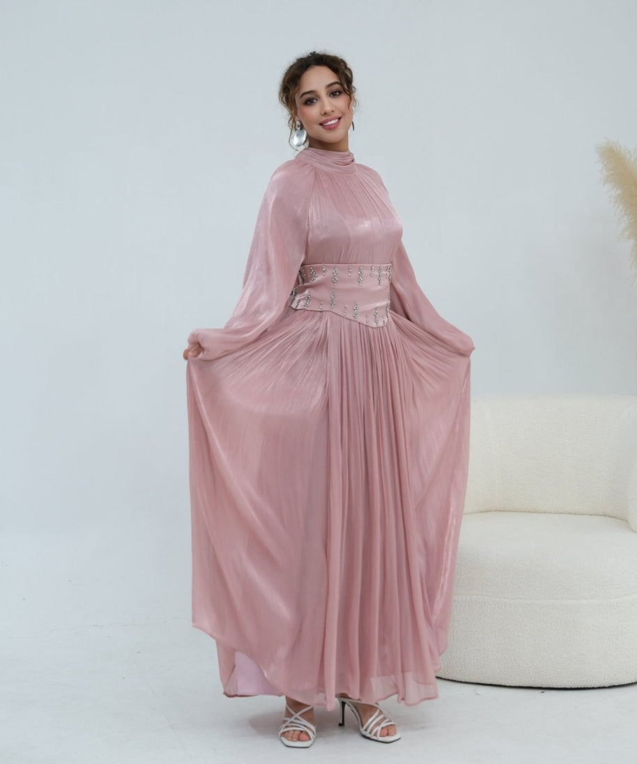 Crystal-Embellished Wide Belt Puff-Sleeve Maxi Dress(MS477)