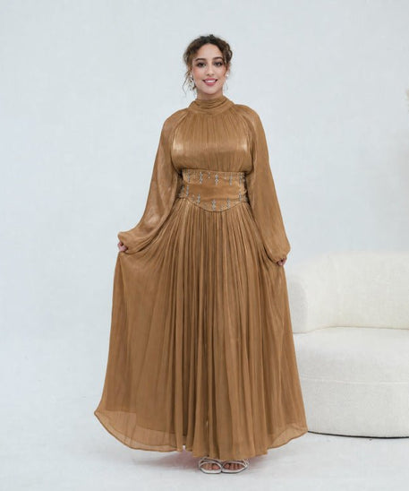 Crystal-Embellished Wide Belt Puff-Sleeve Maxi Dress(MS477)