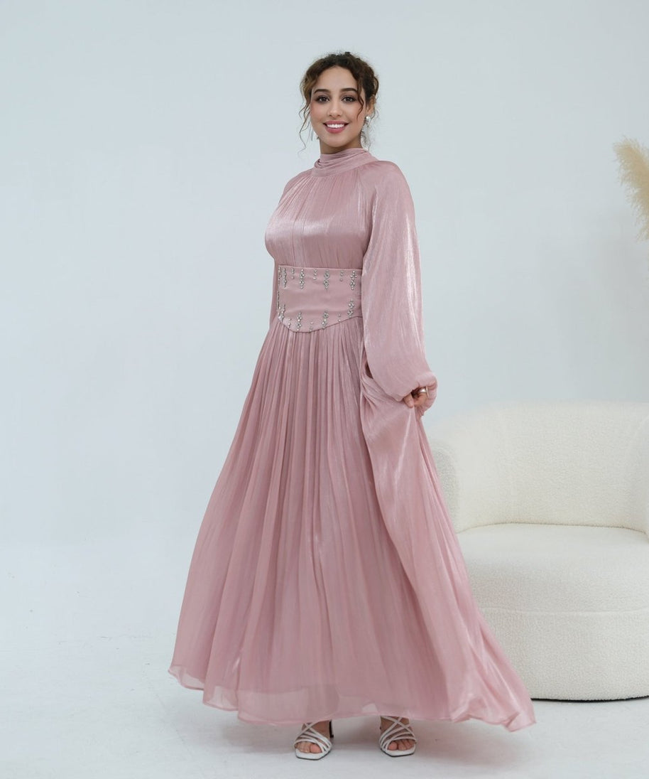 Crystal-Embellished Wide Belt Puff-Sleeve Maxi Dress(MS477)