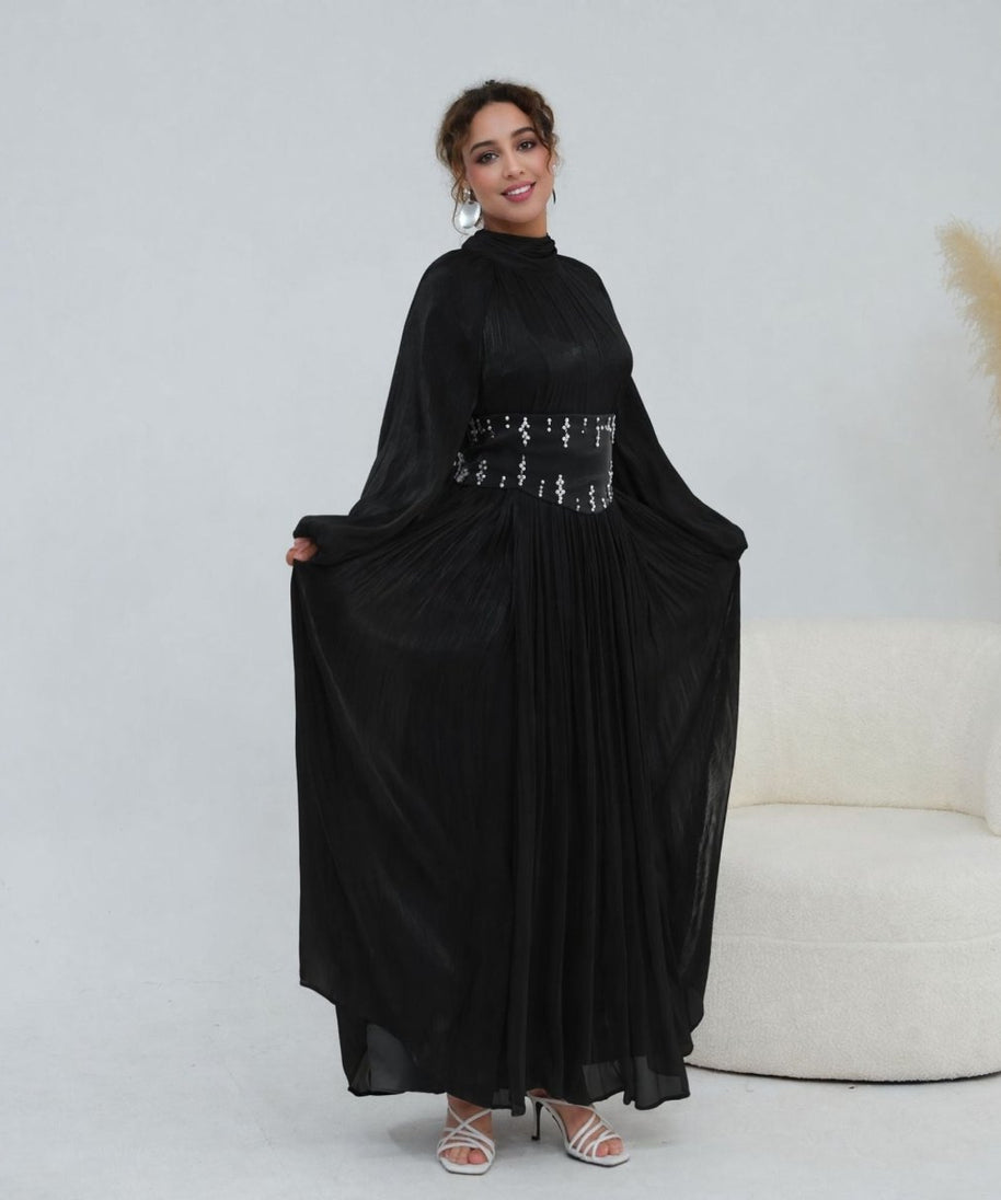 Crystal-Embellished Wide Belt Puff-Sleeve Maxi Dress(MS477)