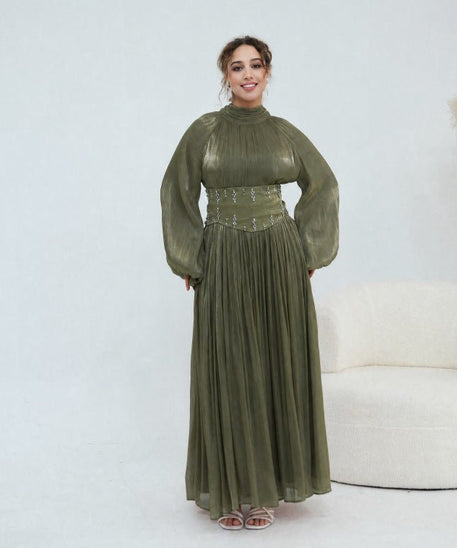 Crystal-Embellished Wide Belt Puff-Sleeve Maxi Dress(MS477)