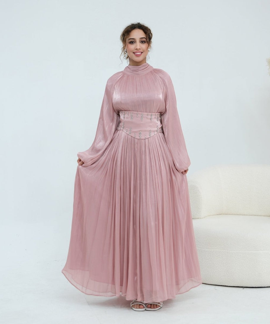 Crystal-Embellished Wide Belt Puff-Sleeve Maxi Dress(MS477)
