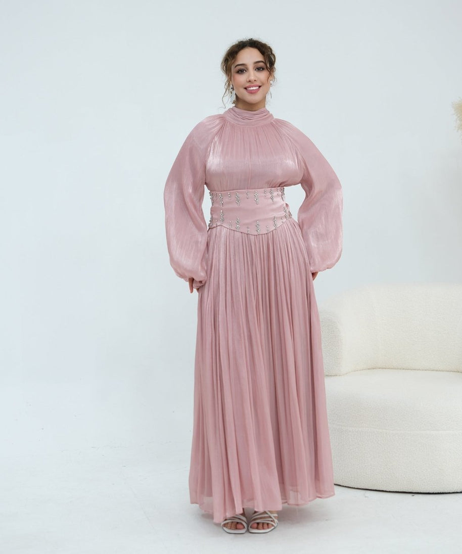 Crystal-Embellished Wide Belt Puff-Sleeve Maxi Dress(MS477)