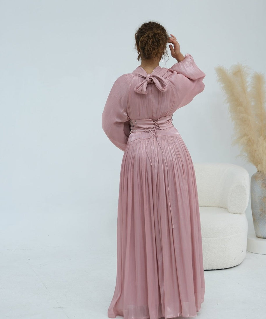 Crystal-Embellished Wide Belt Puff-Sleeve Maxi Dress(MS477)