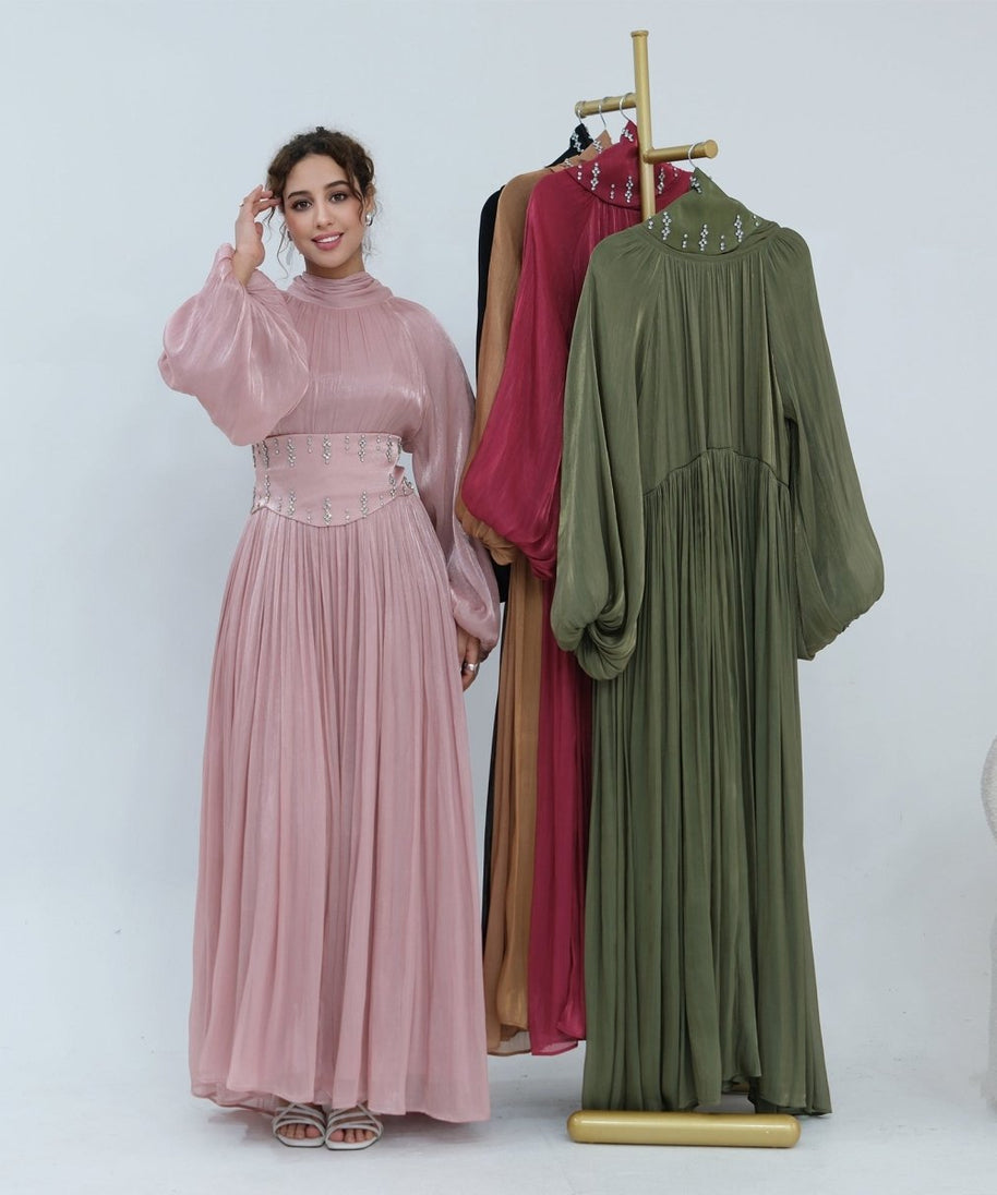 Crystal-Embellished Wide Belt Puff-Sleeve Maxi Dress(MS477)