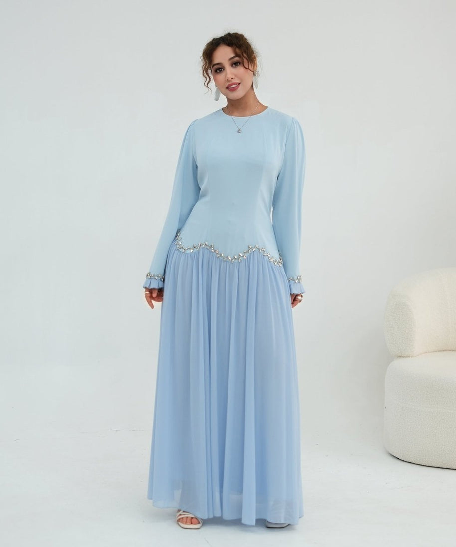Crystal-Trim Ruffle Cuffs Maxi Dress(MS458)