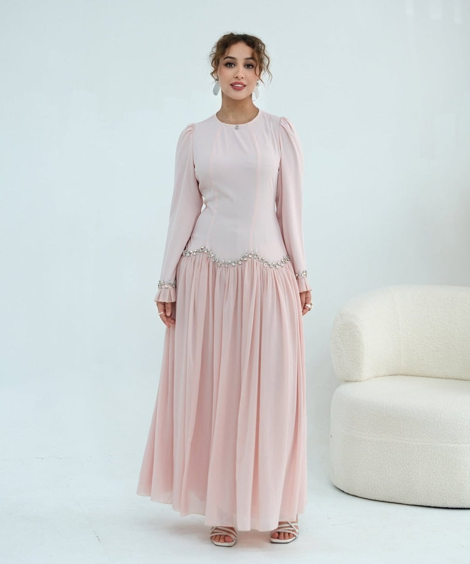 Crystal-Trim Ruffle Cuffs Maxi Dress(MS458)