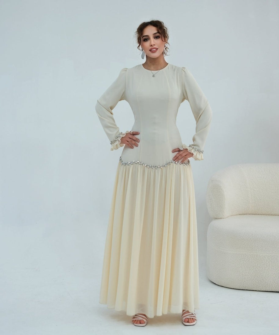 Crystal-Trim Ruffle Cuffs Maxi Dress(MS458)
