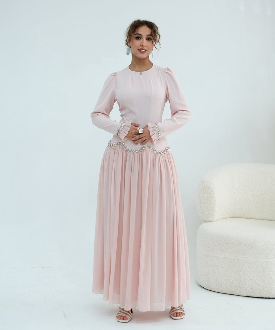 Crystal-Trim Ruffle Cuffs Maxi Dress(MS458)