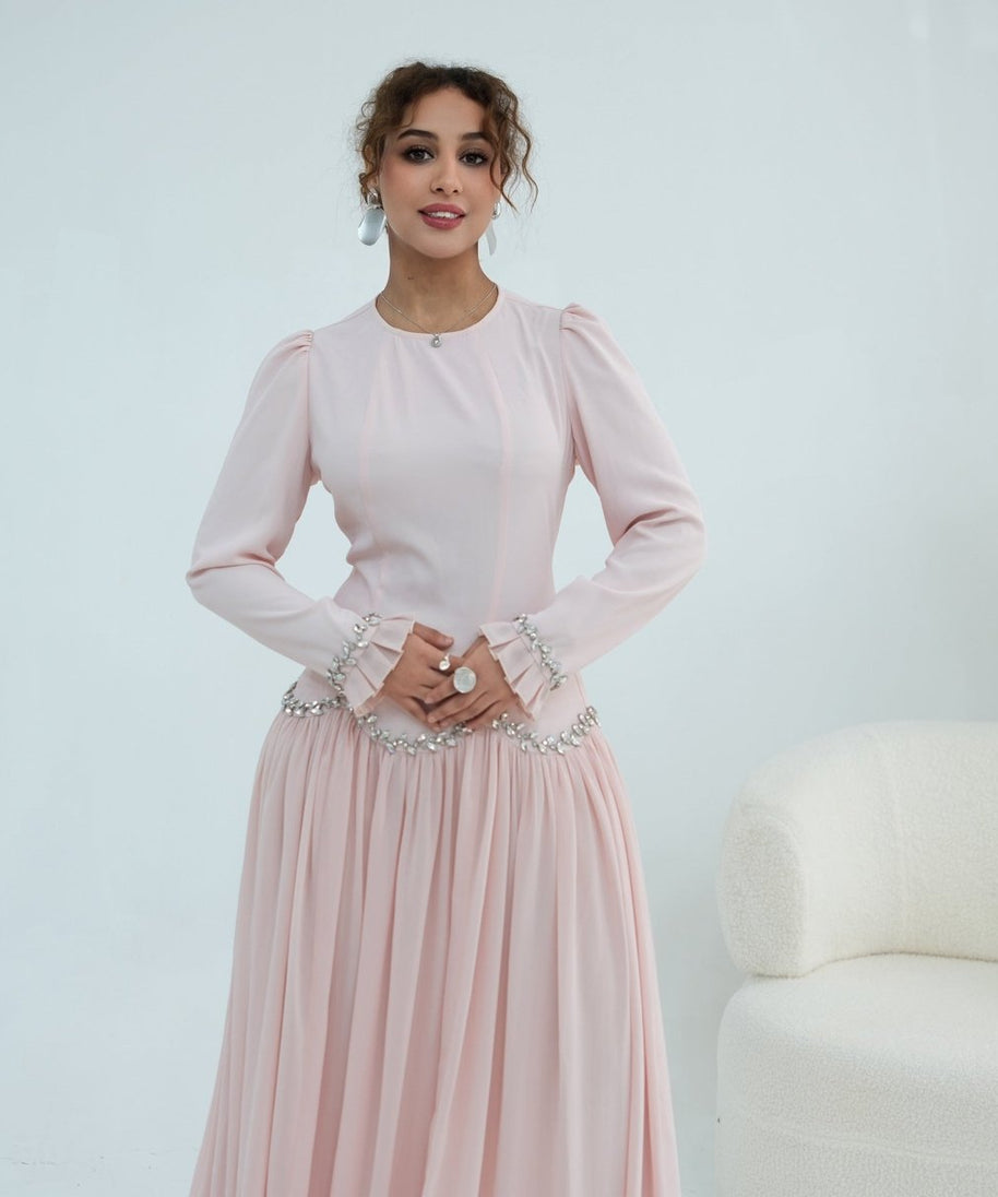 Crystal-Trim Ruffle Cuffs Maxi Dress(MS458)