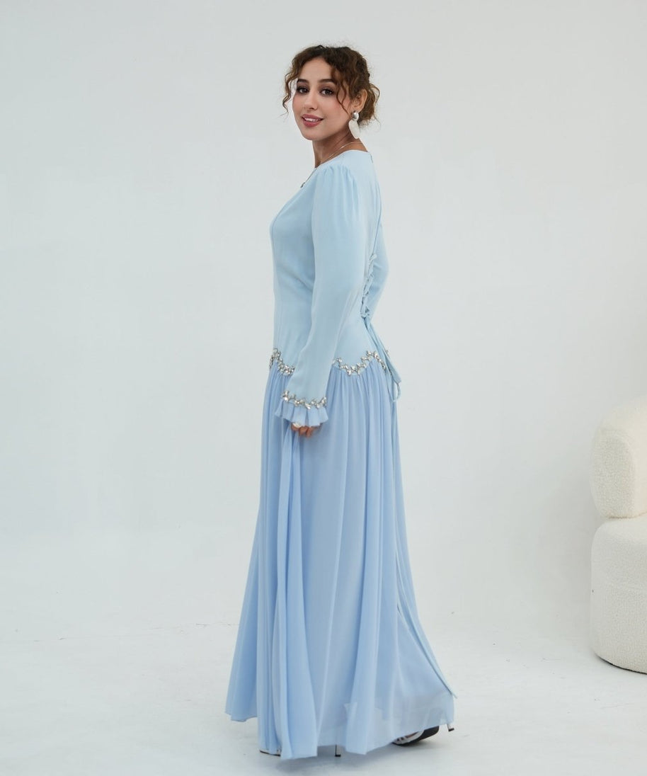 Crystal-Trim Ruffle Cuffs Maxi Dress(MS458)