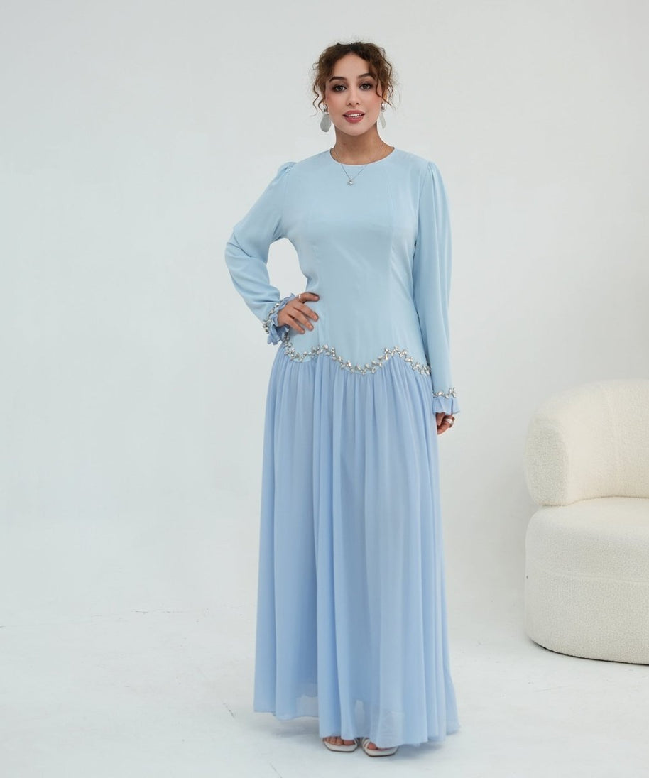 Crystal-Trim Ruffle Cuffs Maxi Dress(MS458)