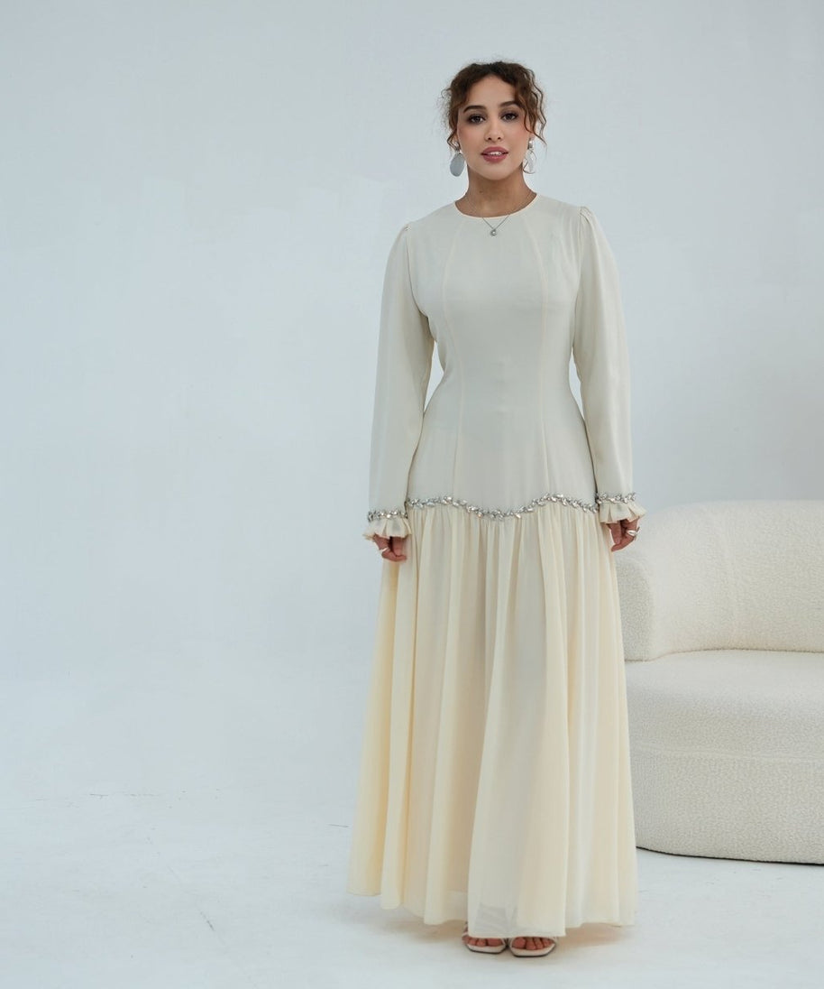 Crystal-Trim Ruffle Cuffs Maxi Dress(MS458)