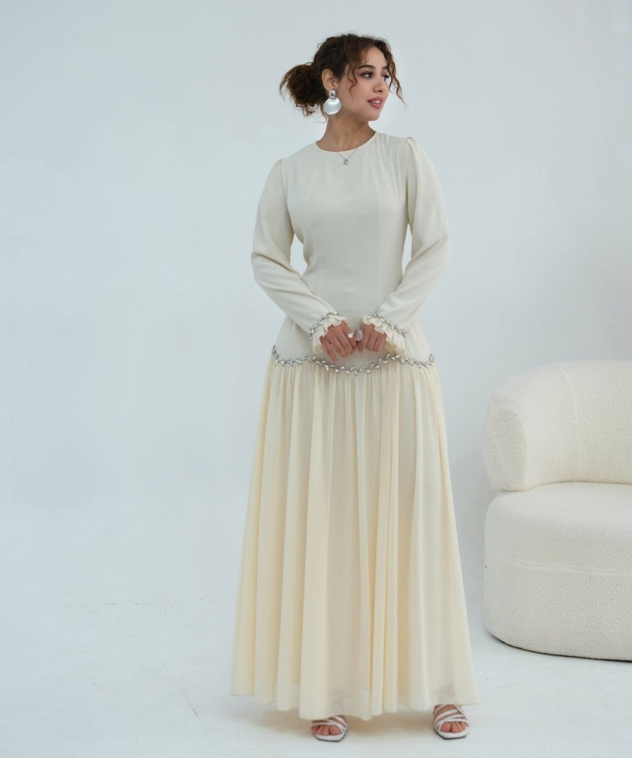 Crystal-Trim Ruffle Cuffs Maxi Dress(MS458)