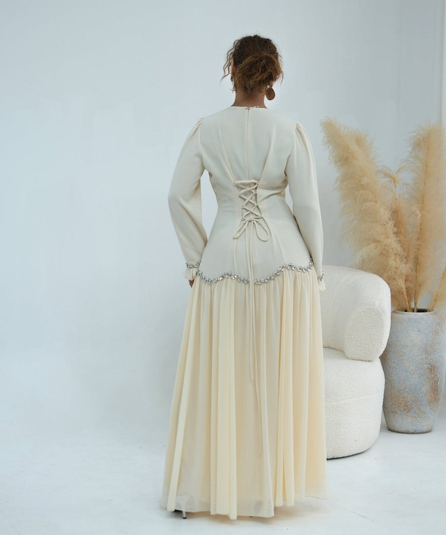 Crystal-Trim Ruffle Cuffs Maxi Dress(MS458)