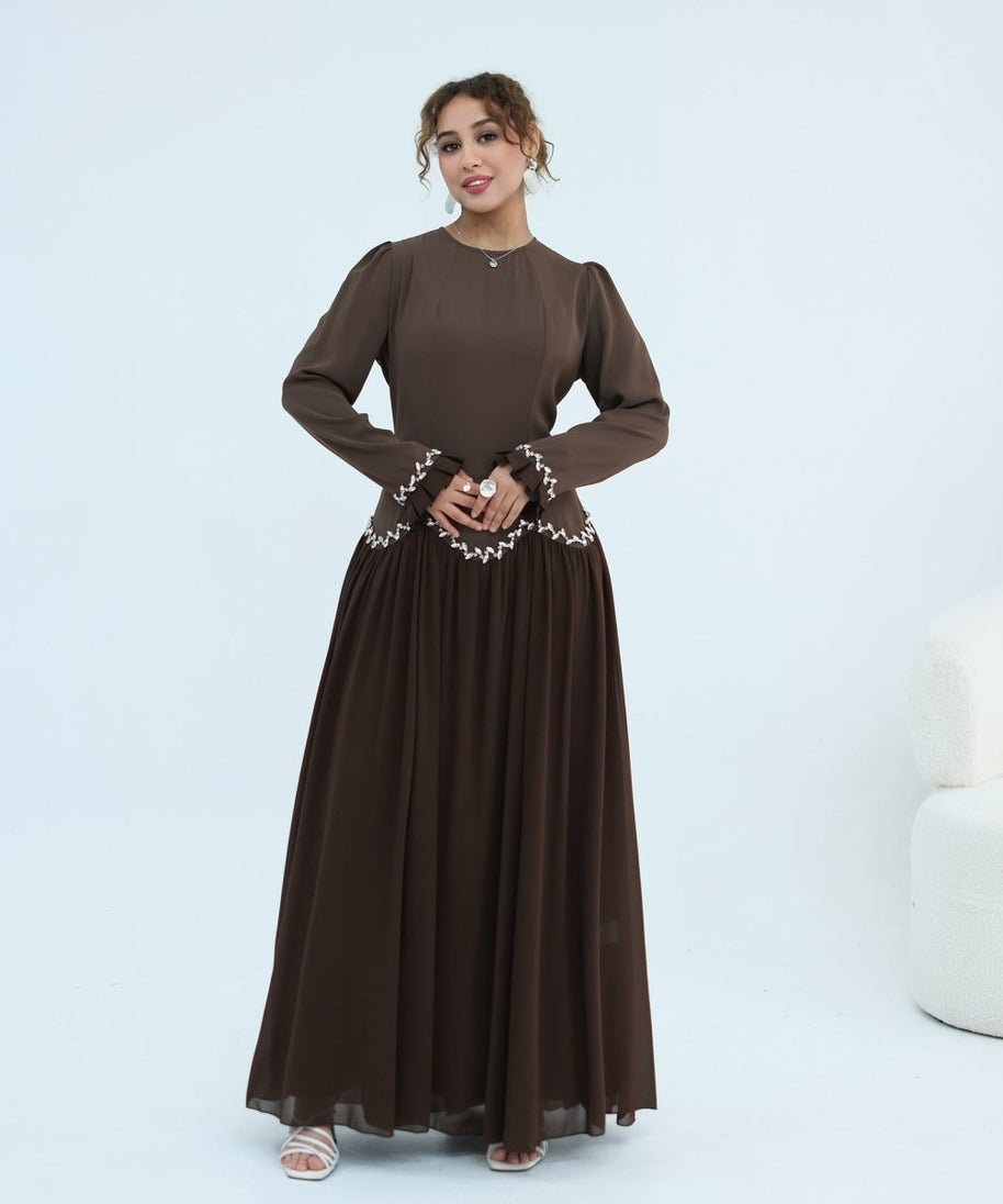 Crystal-Trim Ruffle Cuffs Maxi Dress(MS458)
