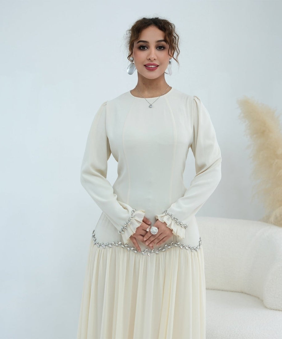 Crystal-Trim Ruffle Cuffs Maxi Dress(MS458)