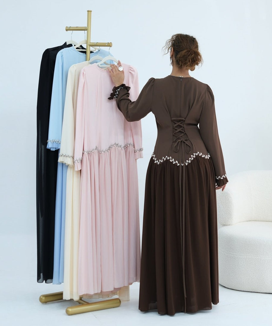 Crystal-Trim Ruffle Cuffs Maxi Dress(MS458)