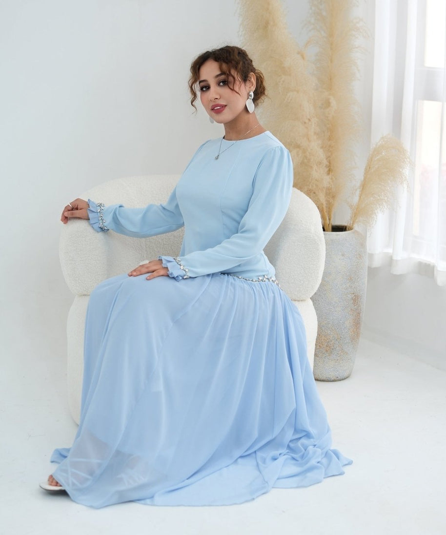 Crystal-Trim Ruffle Cuffs Maxi Dress(MS458)
