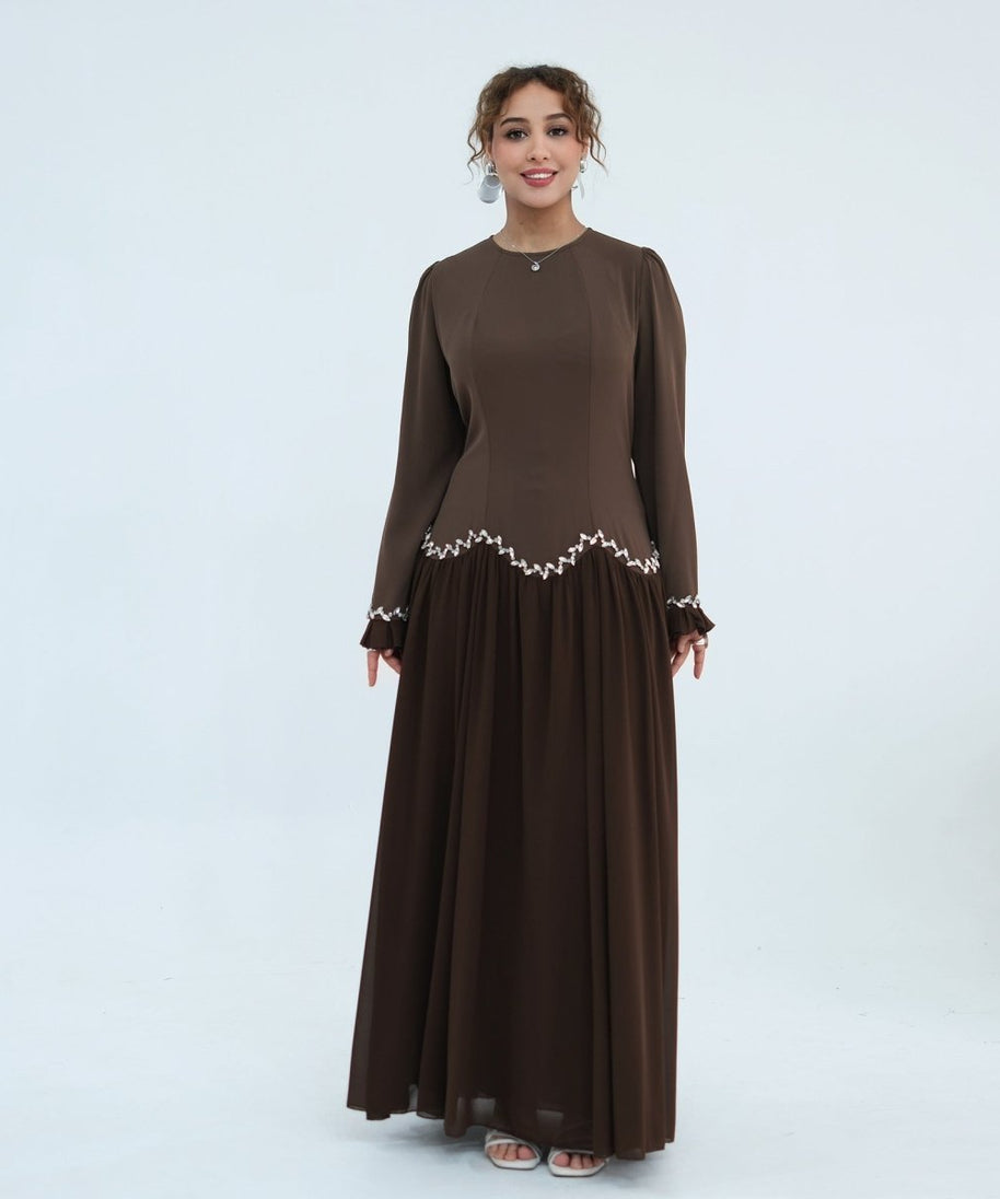 Crystal-Trim Ruffle Cuffs Maxi Dress(MS458)
