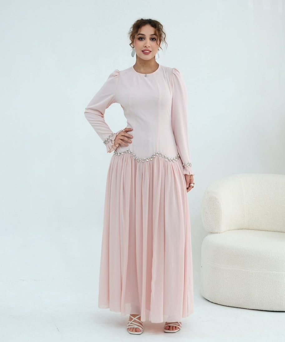 Crystal-Trim Ruffle Cuffs Maxi Dress(MS458)