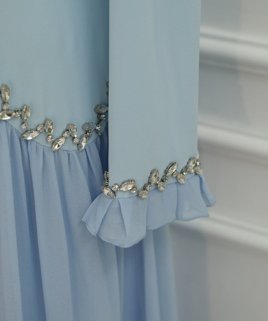 Crystal-Trim Ruffle Cuffs Maxi Dress(MS458)