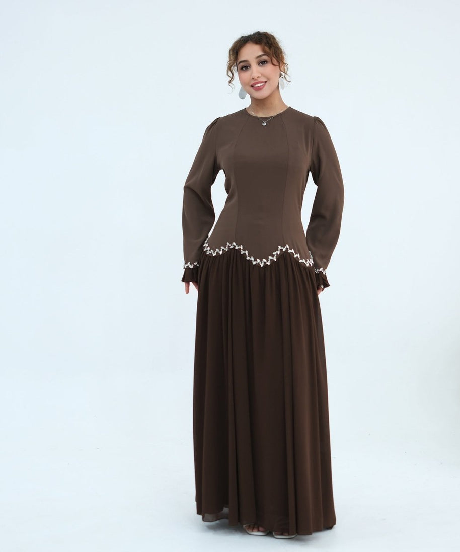Crystal-Trim Ruffle Cuffs Maxi Dress(MS458)