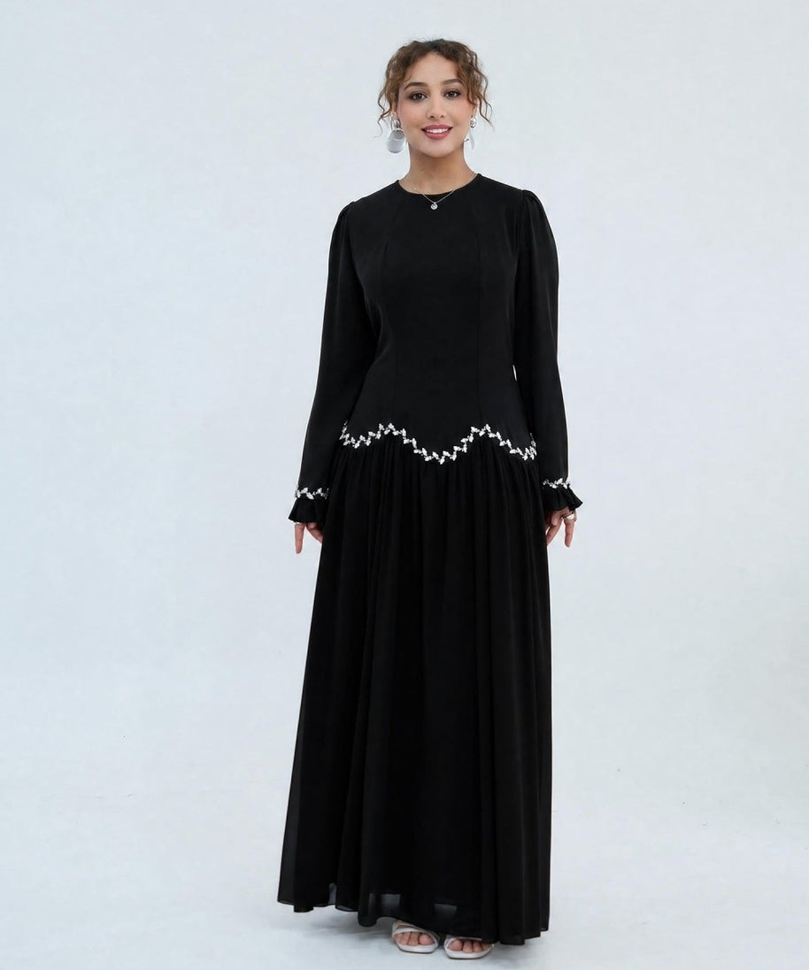 Crystal-Trim Ruffle Cuffs Maxi Dress(MS458)