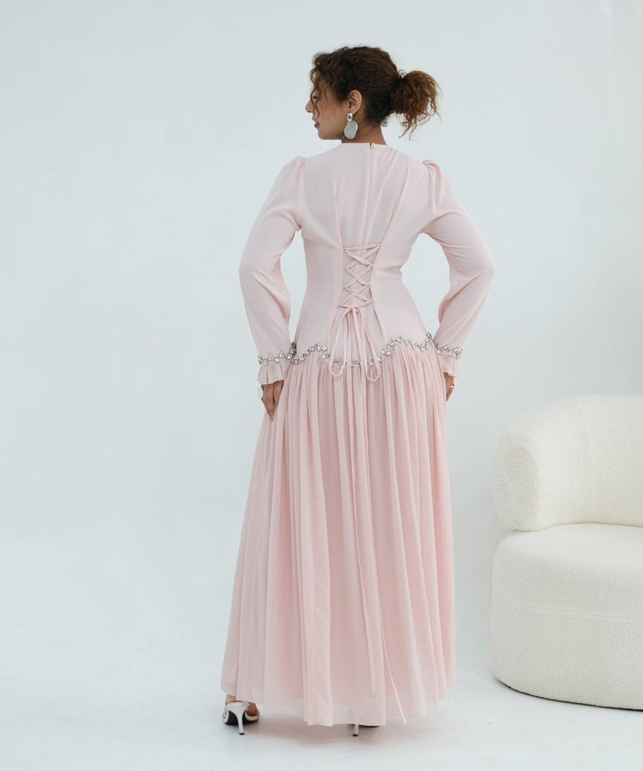 Crystal-Trim Ruffle Cuffs Maxi Dress(MS458)