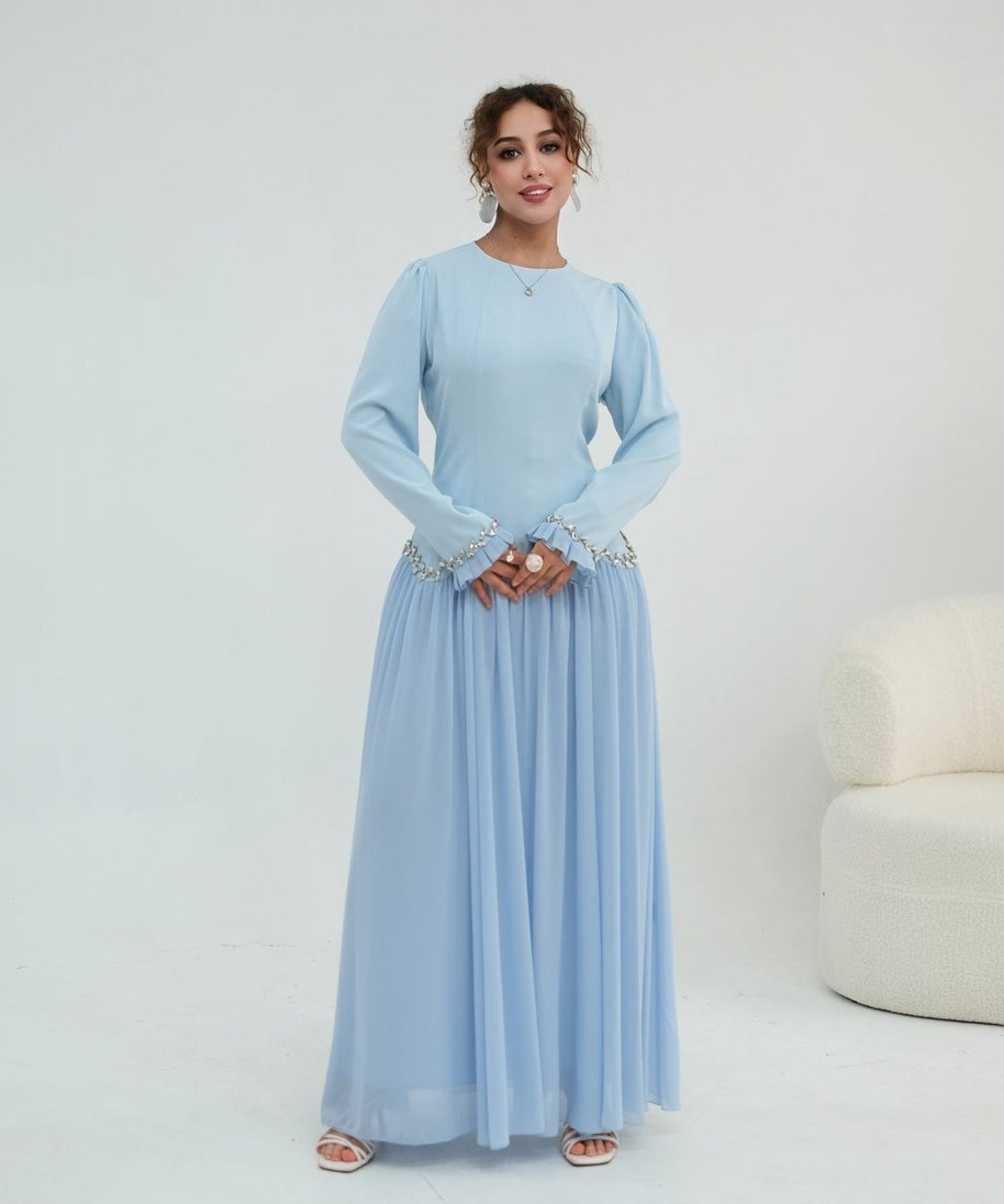 Crystal-Trim Ruffle Cuffs Maxi Dress(MS458)