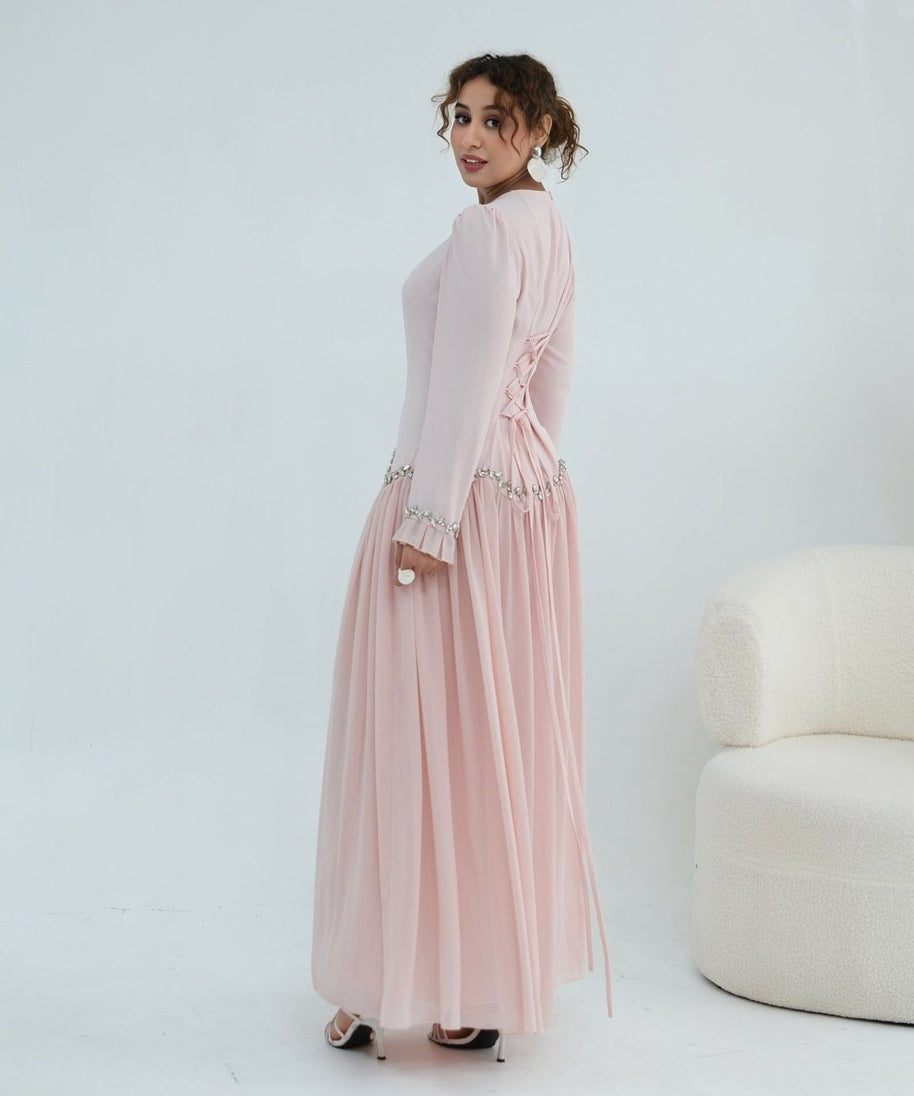 Crystal-Trim Ruffle Cuffs Maxi Dress(MS458)