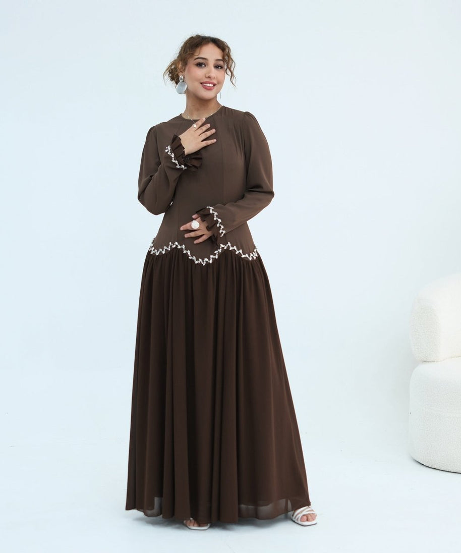 Crystal-Trim Ruffle Cuffs Maxi Dress(MS458)