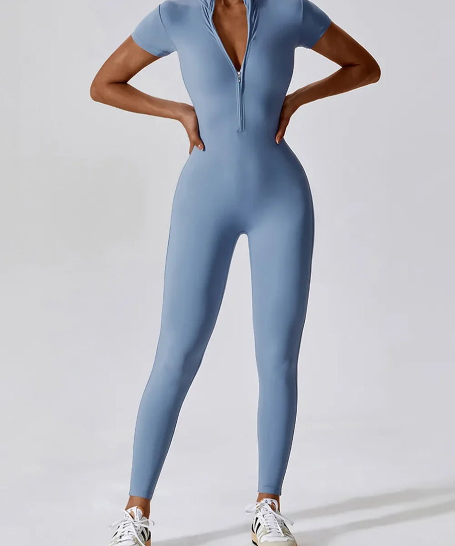 Basic Bae Half Zip Short Sleeve Active Jumpsuit