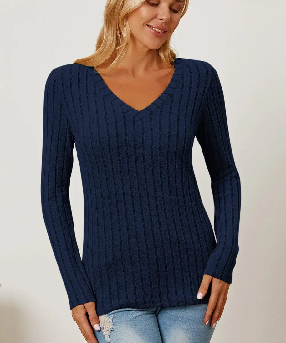 Basic Bae Full Size Ribbed V-Neck Long Sleeve T-Shirt