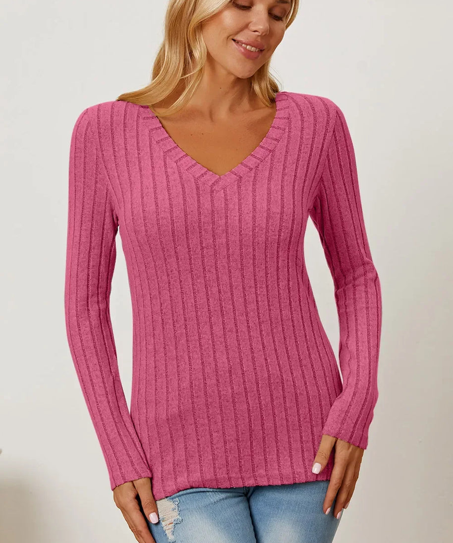 Basic Bae Full Size Ribbed V-Neck Long Sleeve T-Shirt