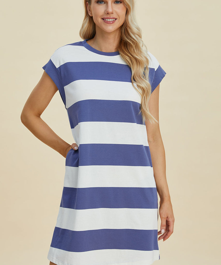 Basic Bae Full Size Striped Round Neck Cap Sleeve Mini Dress