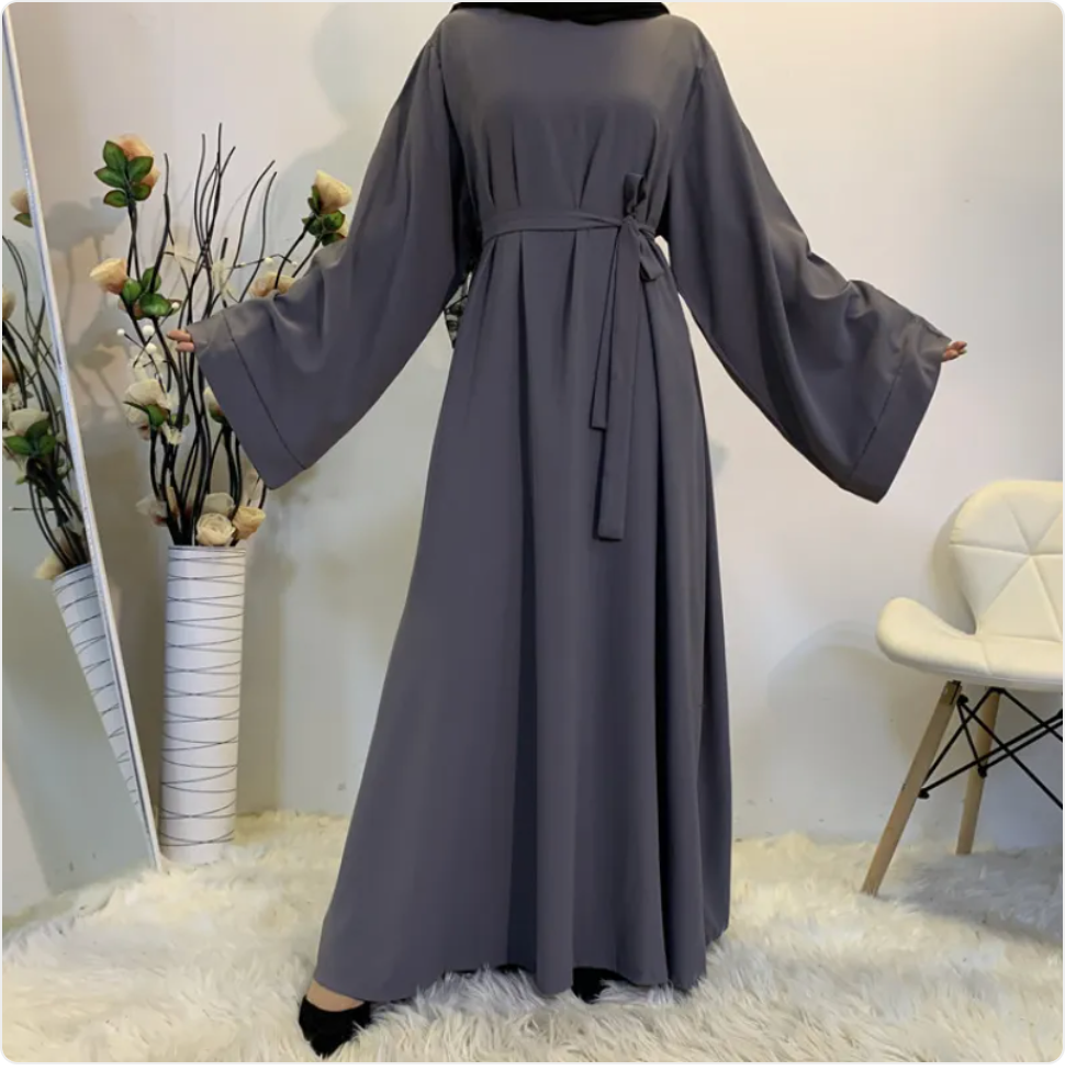 Muslim Women's Long Abaya Dress – Dubai Style Modest Maxi with Lace Detail & Zipper