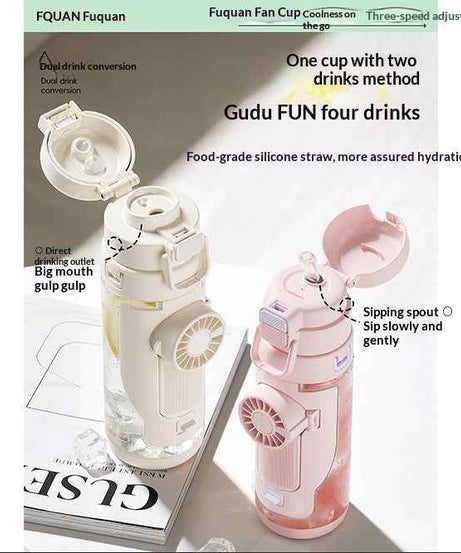 Cooling Sports Water Bottle With Dual Drinking Spouts And A Fan Cup